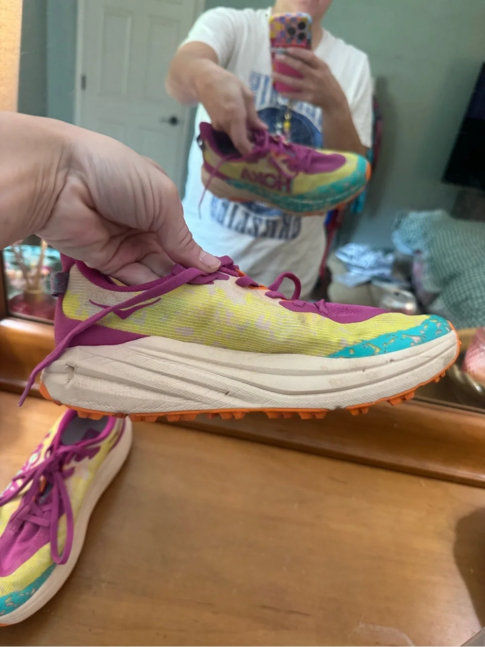 HOKA Speedgoat W 6.5 Kids 6 Trail Running Shoes Flower Nectar Neon Tangerine